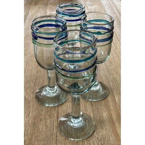 Lot Of 4 Pier 1 Blown Glass Water Goblets Raised Rings Bubbles Blue Vintage